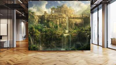 A fantasy landscape with a castle and a waterfall Wall mural