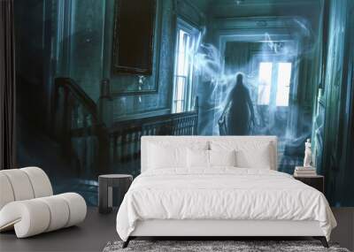 A ghostly figure is walking down a hallway with a foggy atmosphere Wall mural