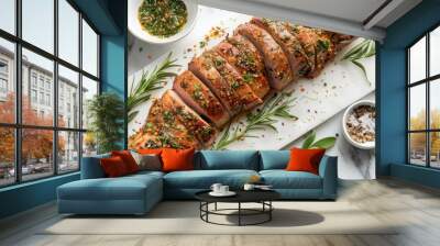 A long piece of meat is sliced and served on a white plate Wall mural