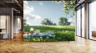 A picnic blanket is spread out on a lush green field with a cup of coffee Wall mural