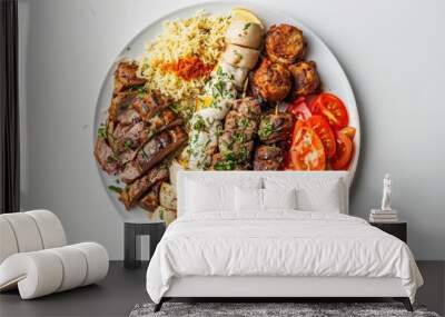 A plate of food with a variety of meats, vegetables, and rice Wall mural