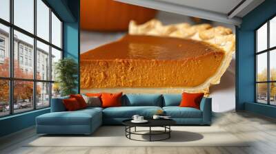 A slice of pumpkin pie is on a white plate Wall mural