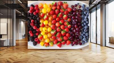 A white plate with a variety of fruits including strawberries, blueberries Wall mural