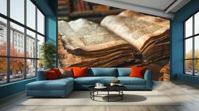 An old book is open to a page with a few words on it Wall mural