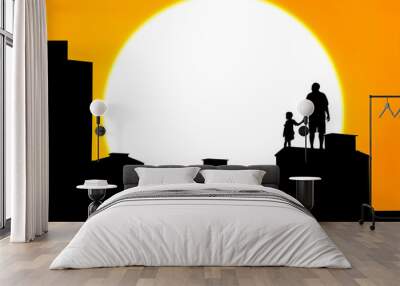 silhouette of father and son standing on the building sunset bac Wall mural