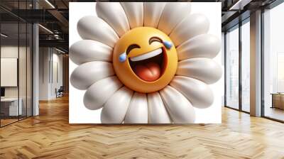 3D render of a white daisy with a smiley face in the middle. The petals are white and the center is yellow with two black eyes and a red smiling mouth. Wall mural