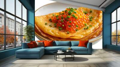 A thin crepe topped with salmon roe and chives on a white plate. Wall mural