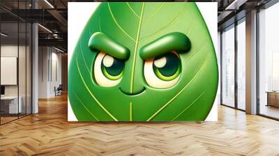 Cartoon leaf character with a cunning expression, green tones, and detailed texture, ideal for environmental messages and creative storytelling. Wall mural