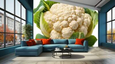 Fresh and vibrant cauliflower surrounded by green leaves, perfect for healthy cooking and vegetarian recipes. Wall mural