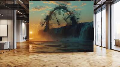 Giant clock melting over desert, focus on, time distortion, double exposure silhouette with rushing waterfall Wall mural