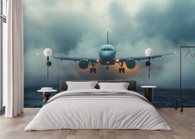 A commercial airplane is seen taking off from runway, surrounded by dramatic fog and clouds, creating sense of adventure and anticipation Wall mural