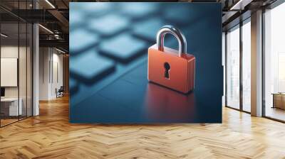 A digital padlock symbolizes online security and data protection, resting on keyboard, representing importance of safeguarding information in digital age. Wall mural