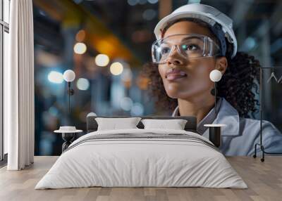 A female engineer in a white coat and safety goggles looks upward in a brightly lit factory environment, reflecting focus and professionalism. Wall mural