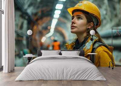 A female engineer wearing a hard hat and jacket surveys a tunnel construction site, illuminated by industrial lighting, with a look of determination. Wall mural