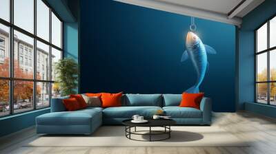 A fish caught on hook, illuminated against dark blue background, symbolizes thrill of fishing and beauty of aquatic life. scene evokes sense of adventure and natures wonders. Wall mural