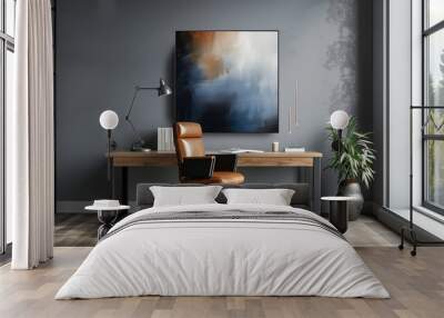 A modern office space featuring stylish wooden desk, comfortable brown chair, and large abstract painting on wall. room is bright with natural light and greenery. Wall mural