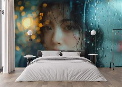 A thoughtful young woman looks through a rain-splattered window with city lights creating a bokeh effect in the background. Wall mural