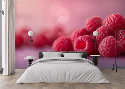 Close-up image of multiple bright red raspberries placed on a light pink background, showcasing freshness and an appetizing appeal. Wall mural