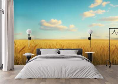 Golden wheat field under clear blue sky with fluffy clouds, creating serene and peaceful landscape. warm sunlight enhances beauty of wheat, inviting sense of tranquility. Wall mural