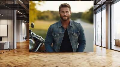 man with beard wearing denim jacket sits beside motorcycle on scenic road, exuding confidence and adventure. warm sunlight enhances natural beauty of surroundings. Wall mural