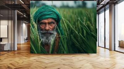 Portrait of a South Asian farmer standing in a lush green rice field, with intense eyes and traditional headwear, embodying a strong connection to the land and agricultural lifestyle. Wall mural