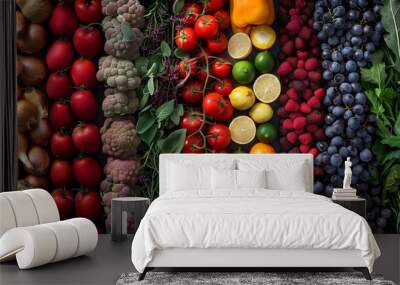 top view of a colorful variety of fresh vegetables and fruits neatly arranged, showcasing nature's d Wall mural