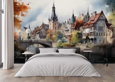 Watercolor illustration of a medieval village, with half-timbered houses and a stone bridge over a gentle river, evoking a sense of history and tranquility. Wall mural