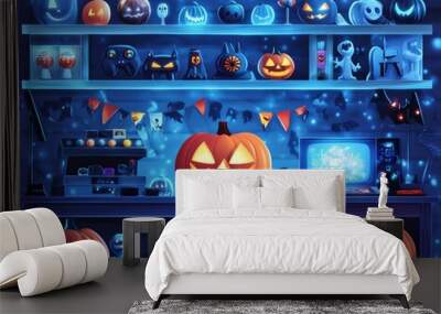 Festive Halloween display with glowing jack-o'-lanterns, spooky decorations, and twinkling lights in blue and orange hues. Wall mural