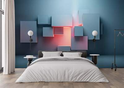 1. Abstract geometric shapes floating in an ethereal mist, glowing with soft light, futuristic and serene, designed with a sense of depth and balance, copy space for text, Wall mural