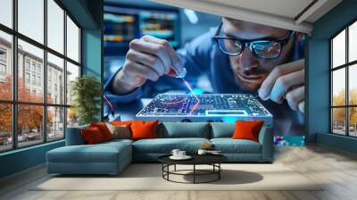 A close-up of a technician testing a newly assembled circuit board with an oscilloscope, measuring voltage and analyzing waveforms.  Wall mural