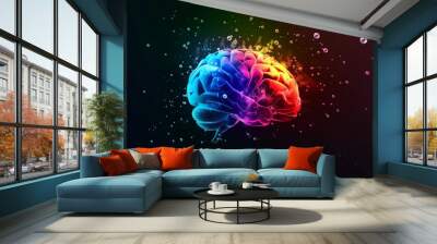 A colorful rainbow brain is seen against a dark background, symbolizing the concept of mental health and awareness. The pearl symbolism represents spa products in the style of relaxation. Wall mural