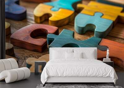 A colorful wooden puzzle with different shaped pieces on a light wooden table. Wall mural