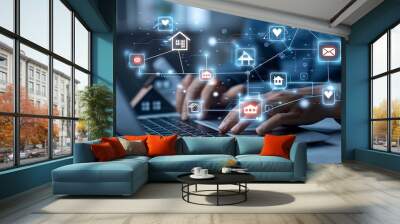 A digital marketing professional using AI technology to plan and temple the social media strategy for an online real estate business, including icons of houses connected by lines with other symbols Wall mural