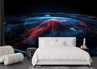 A futuristic, digital representation of a global network with vibrant blue and red lights illustrating interconnected data points. Wall mural