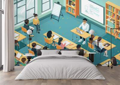 A modern classroom bursting with life, captured in a captivating isometric style. A teacher of Asian descent leads a discussion with a group of students from various ethnicities Wall mural