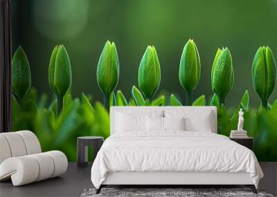 A row of green flower buds growing on grass, with a blurred background and copy space in the center. The composition is symmetrical and balanced, with a harmonious color palette. The focus captures Wall mural