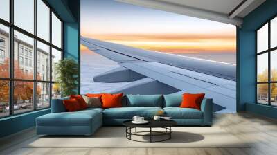 close-up of airplane wing and flaps during flight, sky backdrop, ample copy space, more clarity with clear light and sharp focus, high detailed Wall mural