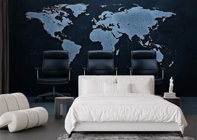 Global unemployment during recession, map and empty office chairs, cold lighting, copy space for text, Wall mural