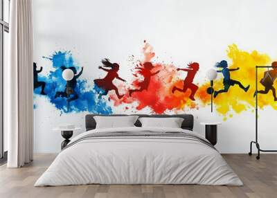 Joyful Watercolor Painting of Playful Children with Vibrant Colors and Copy Space for Text Wall mural