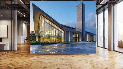 Modern church exterior with sleek architecture, reflecting contemporary faith communities and activities. Wall mural