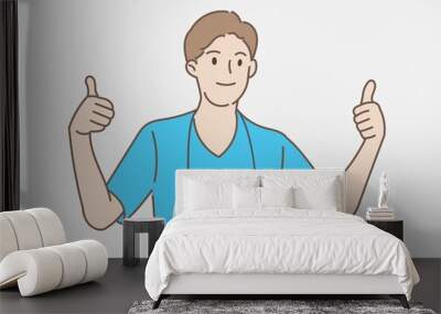 Portrait of young male doctor show thumbs up in healthcare and medical concept. Hand draw style. Vector illustration. Wall mural