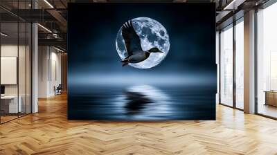 semi close-up of a duck silhouette flying against a backdrop of a full moon over a lake, night scene with deep blue tones, focus on the contrast between the dark outline and the bright moon, slightly Wall mural