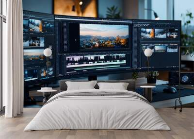 semi close-up of a video editor's desk with high-resolution stock footage on a computer screen, various clips displayed, professional editing software interface, warm lighting creating a focused Wall mural