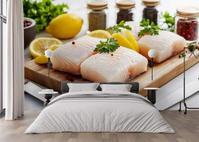 semi close-up of raw fish fillets on a wooden cutting board in a professional kitchen, garnished with lemon slices and herbs, knife and seasoning jars nearby, cool lighting creating a clean Wall mural