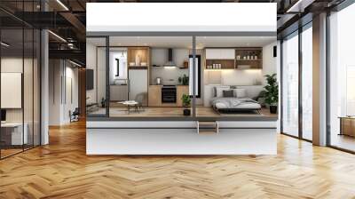 Semi-close-up Scandinavian style small house plan. Presenting a simple design and usability, neutral tones, bright, clear, white backgrounds. Wall mural