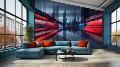 Sleek digital drawing of a futuristic city with minimalist architecture, featuring bold lines and vibrant colors, great for Procreate Wall mural