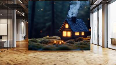 A wooden house with a chimney and smoke coming out of it stands alone in the forest and is surrounded by sparks. Wall mural