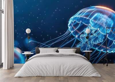 Close-up of a jellyfish in the ocean, with its bell and tentacles clearly visible. Wall mural