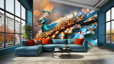 Close-up of a vibrant peacock with iridescent feathers and bokeh background. Wall mural