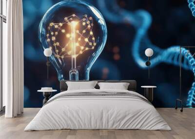 Light bulb with glowing DNA structure inside, representing innovation and scientific breakthrough. Wall mural